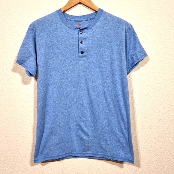 Haines Shirts Mens Blue Henley Style Haines Short Sleeve Shirt